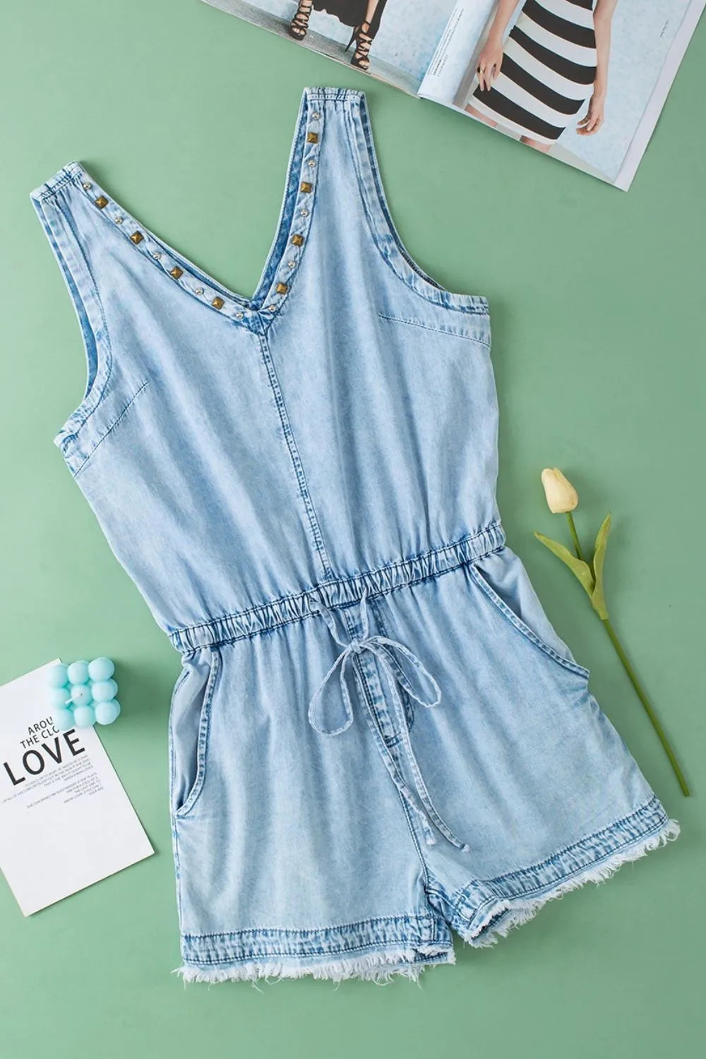 Raw Hem Studded V-Neck Drawstring Sleeveless Denim Romper