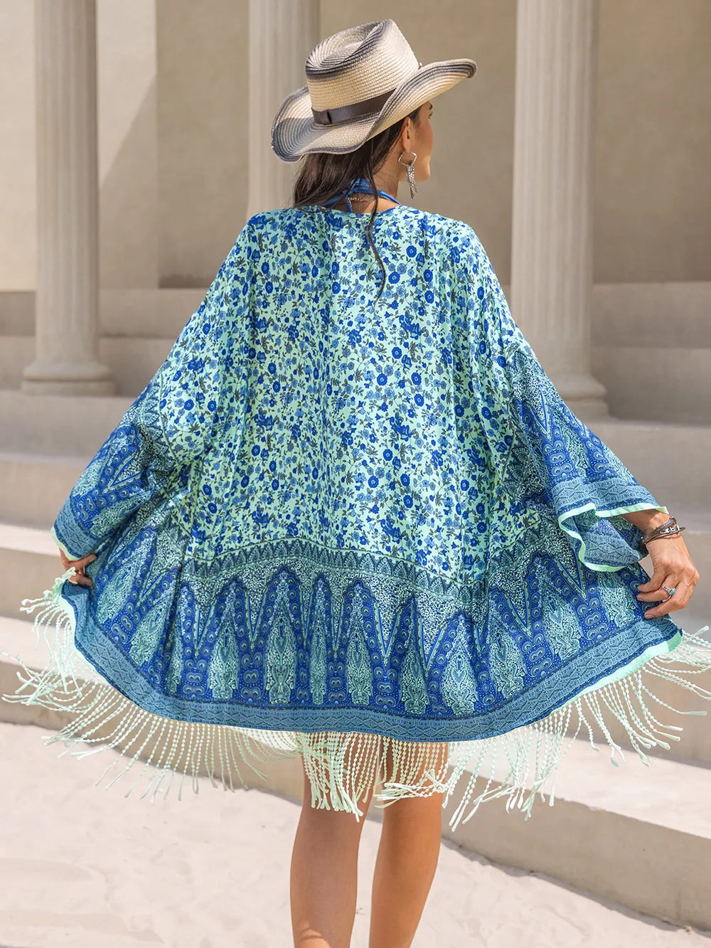 Fringe Printed Open Front Cover-Up - Opaque, Slightly Stretchy, 100% Viscose