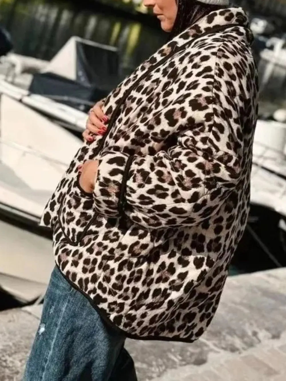 Trendy Leopard Print Open Front Long Sleeve Jacket with Pockets - 100% Polyester Outerwear