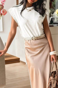 Lace Patchwork Cap Sleeve T-Shirt with Round Neck - Soft Polyester Cotton Blend - Store 42
