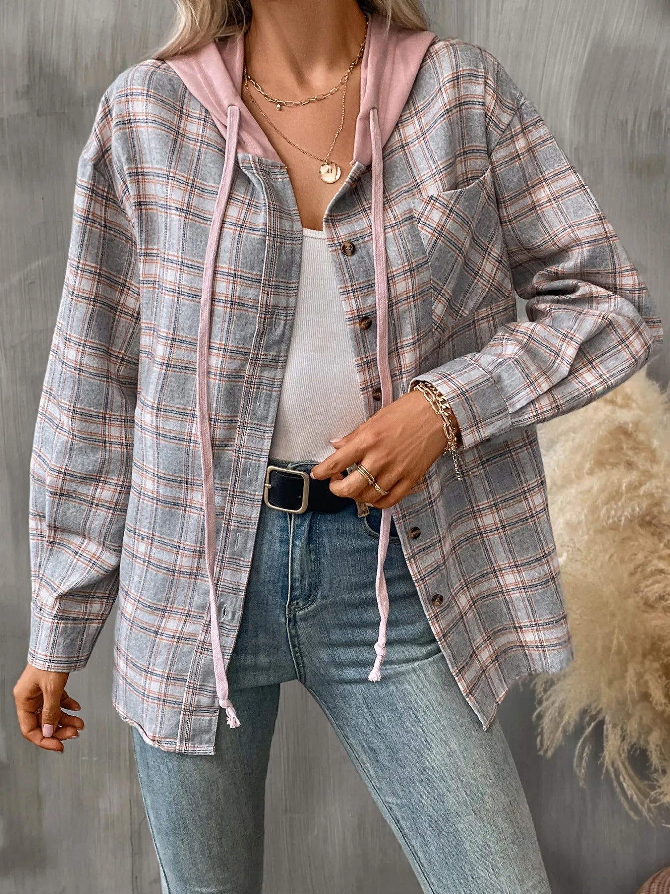 Plaid Button-Up Hooded Shirt