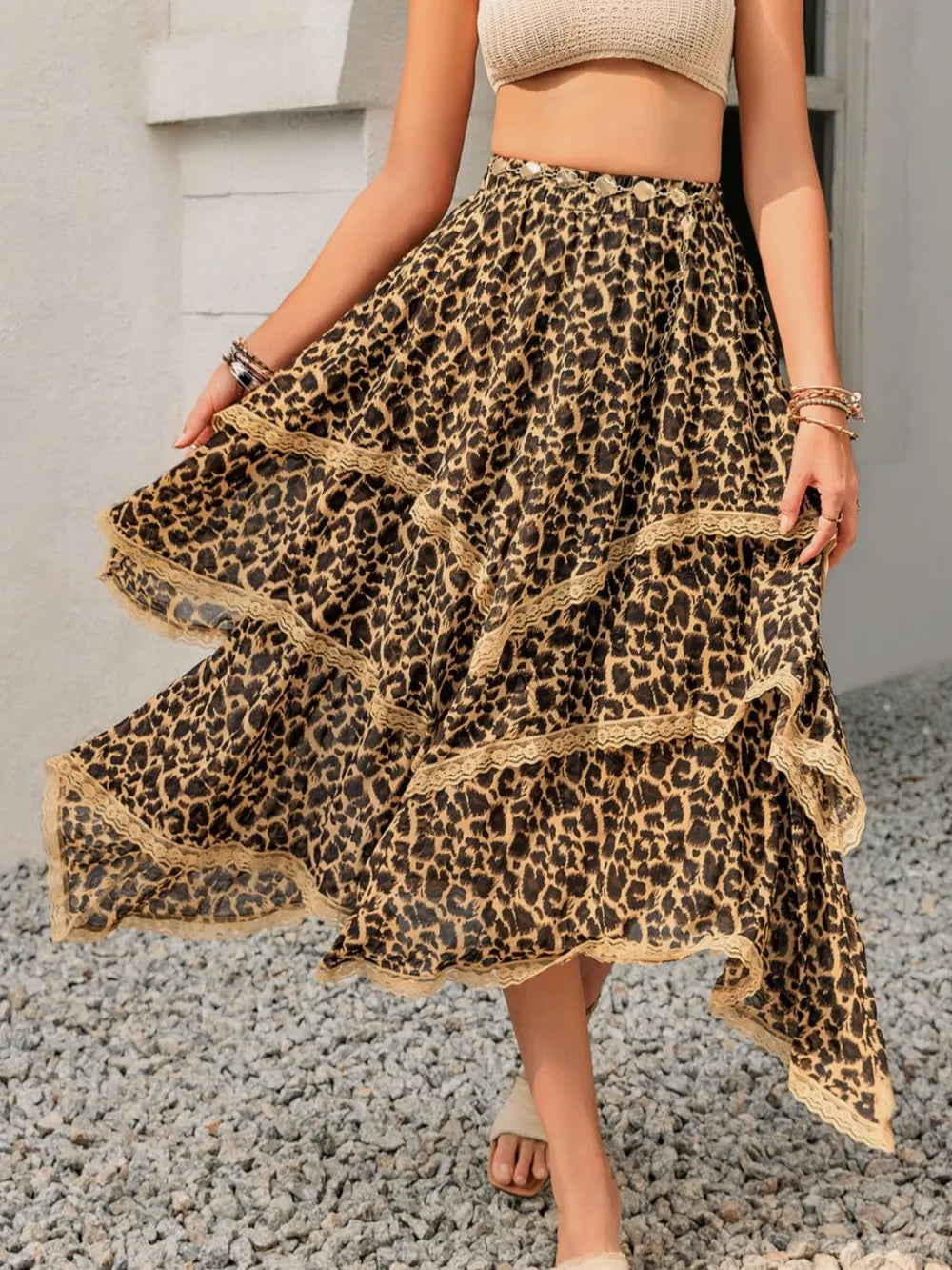 Lace Detail Layered Skirt - Chic Printed Design in Opaque 100% Polyester