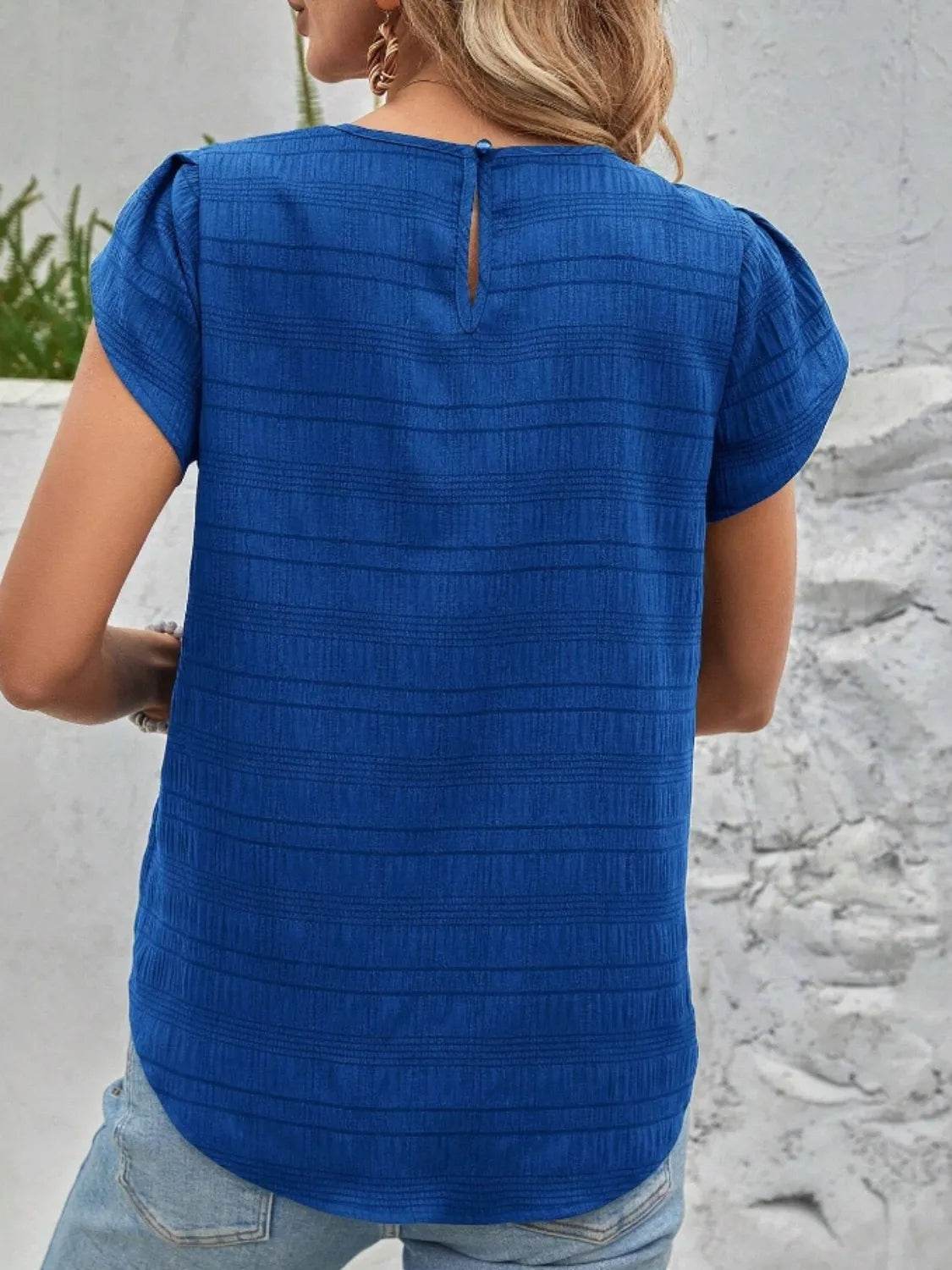 Slightly Stretchy Round Neck Ruched Petal Sleeve Top - 95% Polyester, 5% Spandex - Store 42
