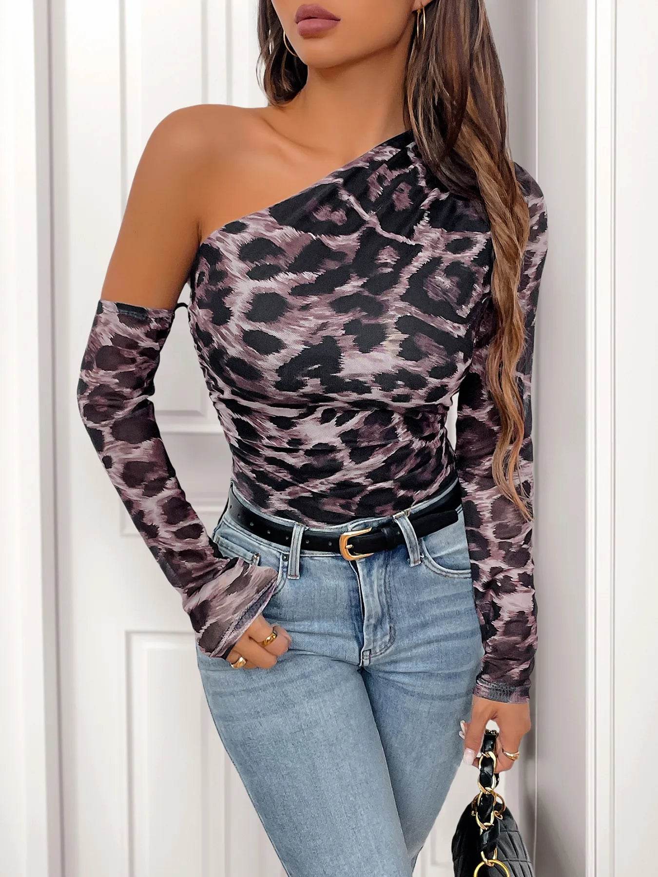 Leopard Print One Shoulder Long Sleeve Bodysuit - Store 42