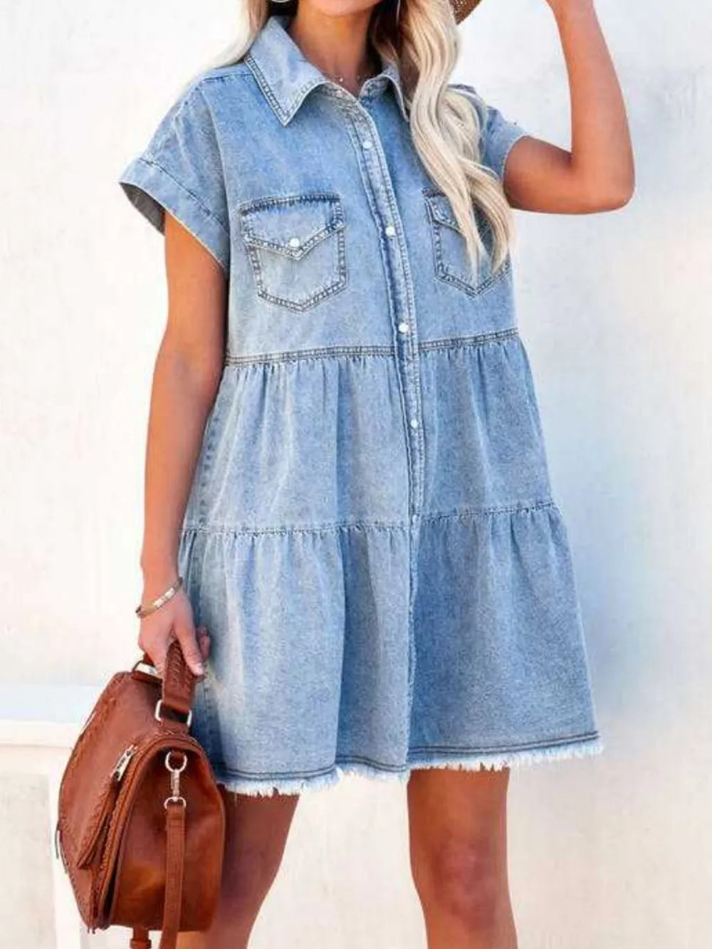 Trendsi Raw Hem Denim Dress with Short Sleeves and Pockets - Stylish Casual Fit for All Seasons