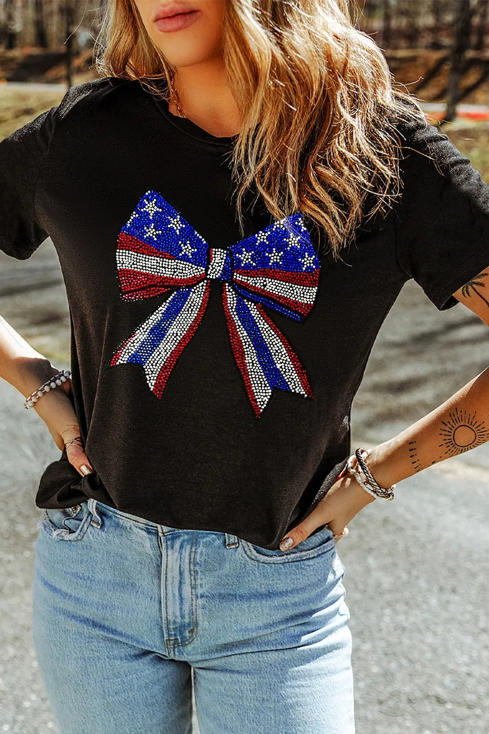 Rhinestone Embellished Bow Round Neck T-Shirt - Slightly Stretchy Casual Top for Women