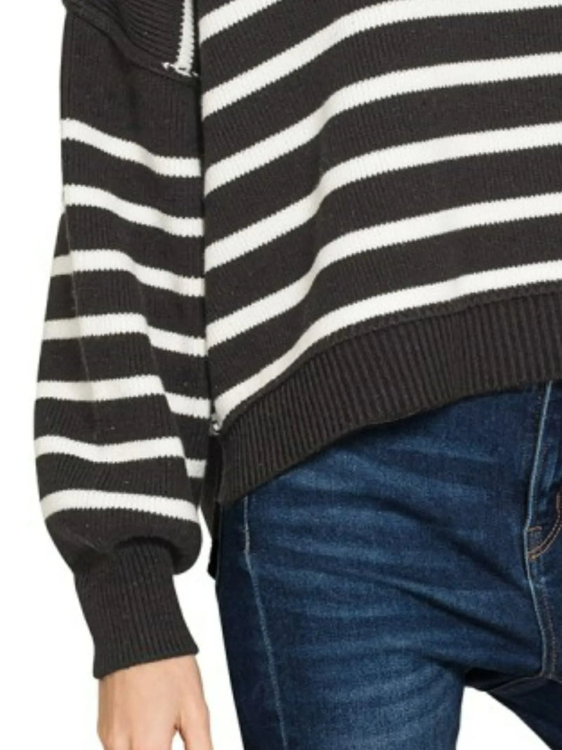 Zenana Striped Oversized Sweater with Exposed Seams - Soft Cotton, Drop Shoulders, Crew Neck