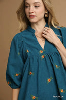 Umgee Corduroy Babydoll Dress with Floral Embroidery
