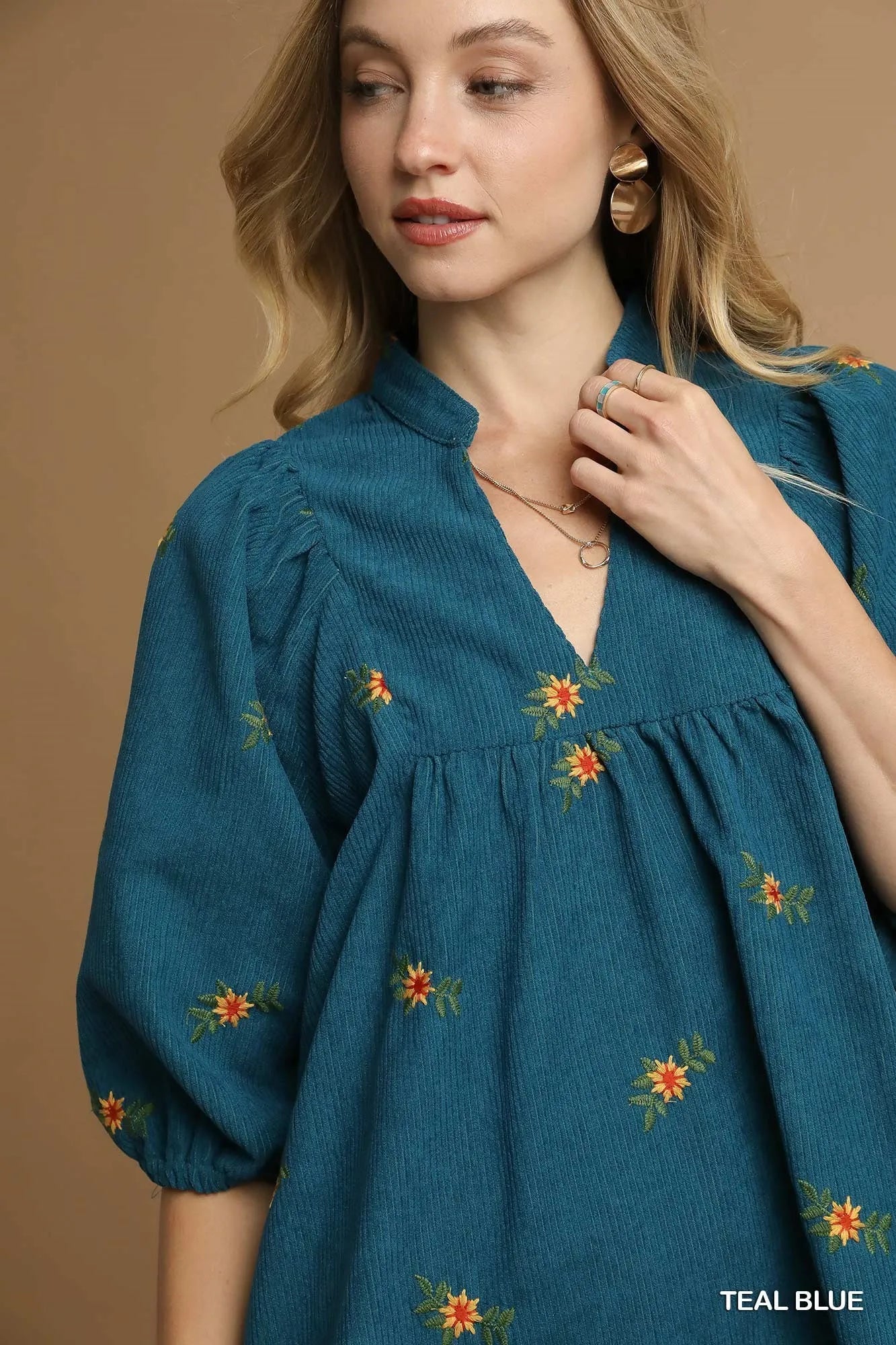 Umgee Corduroy Babydoll Dress with Floral Embroidery