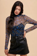 Annie Wear Floral Lettuce Hem Sheer Mesh Top