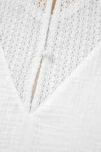 Lace Crochet Button Back V-Neck T-Shirt - Semi-Sheer 100% Cotton Top for Stylish Comfort - Store 42