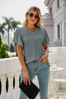 Trendsi Eyelet Flutter Sleeve Semi-Sheer Round Neck Casual Top - 100% Polyester - Store 42