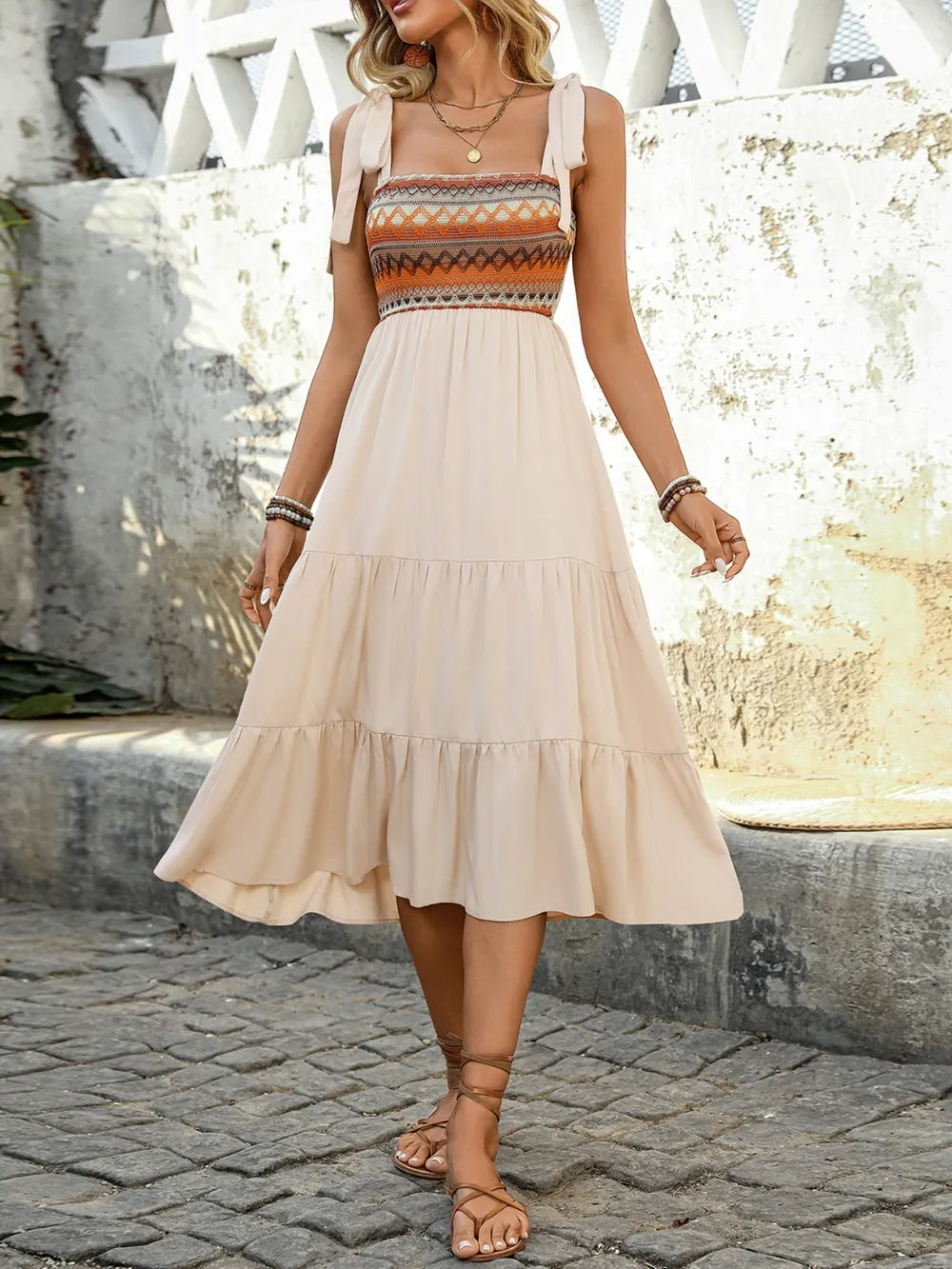 Tie Shoulder Square Neck Tiered Midi Dress
