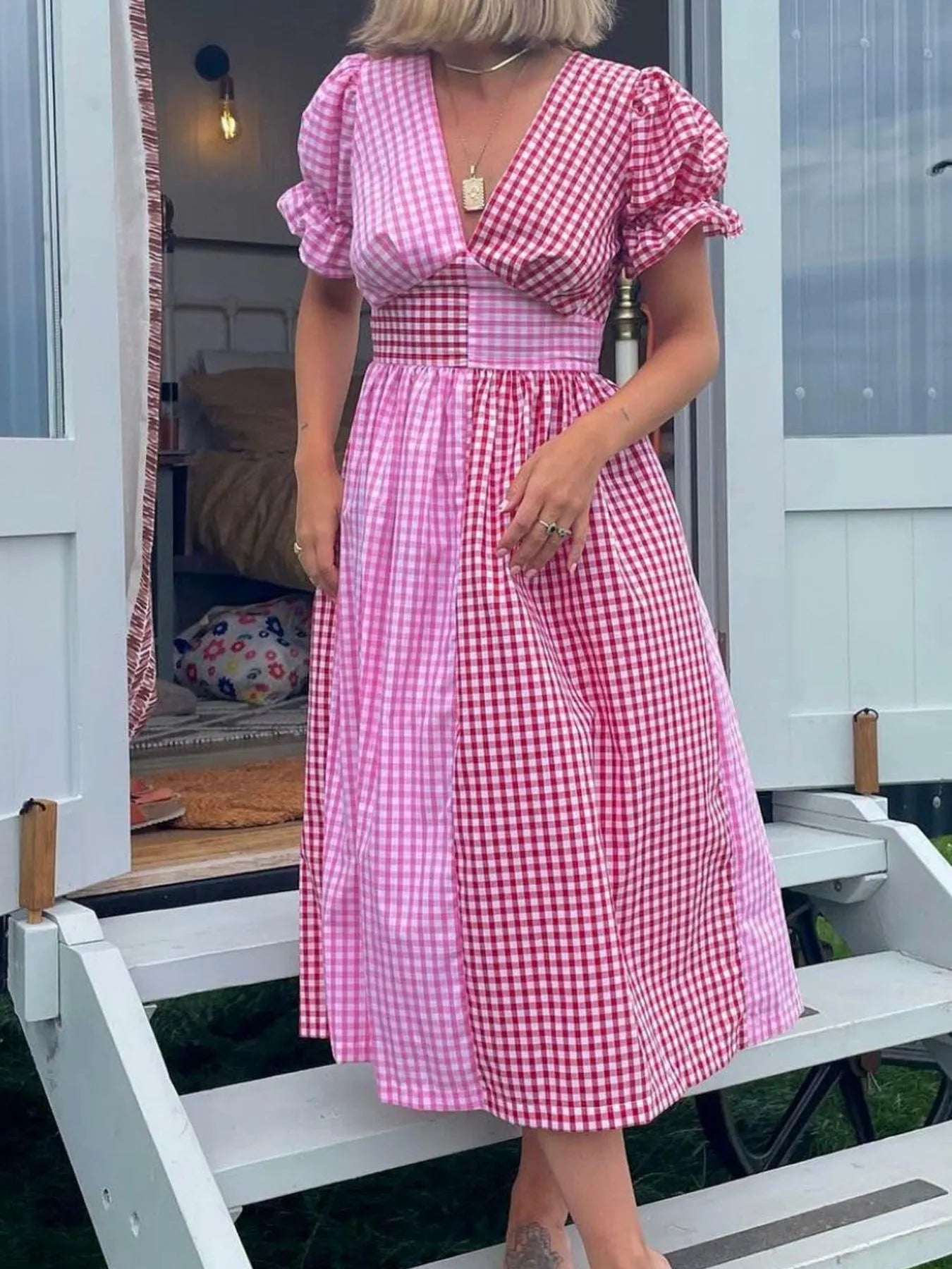 Plaid V-Neck Puff Sleeve Dress