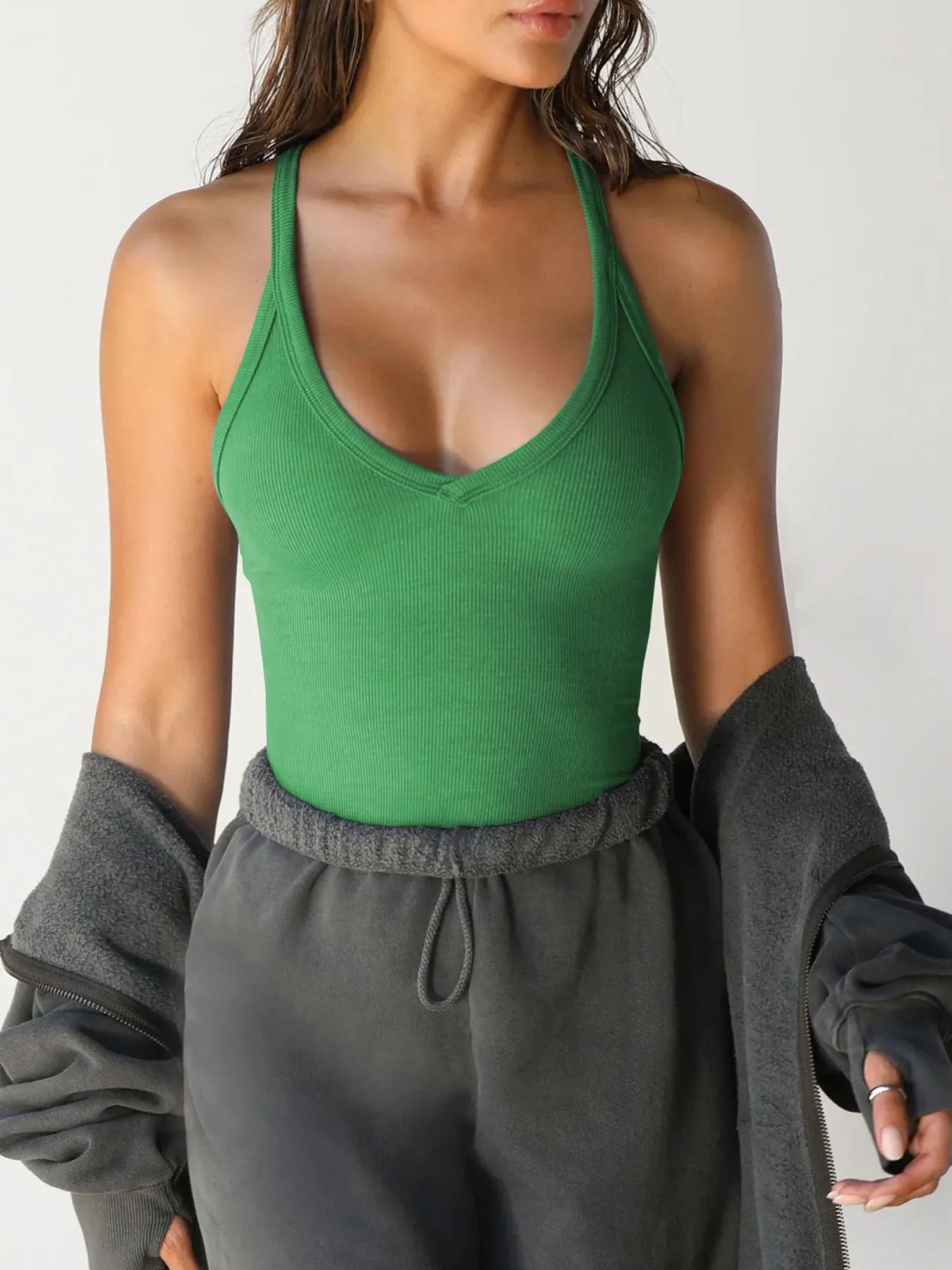 Trendsi Ribbed V-Neck Halter Tank Top with Moderate Stretch - Rayon and Spandex Blend