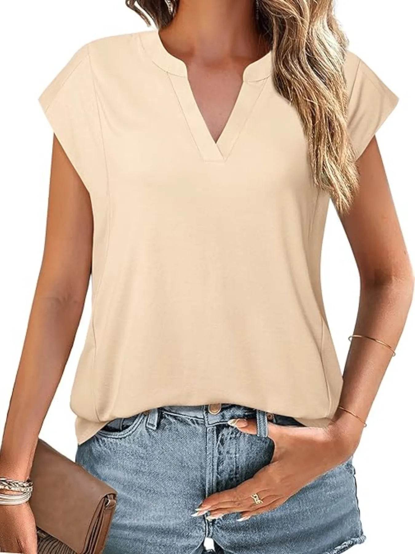 Stylish Casual Notched Short Sleeve Summer Blouse - Soft Stretchy Fabric, Perfect for Warm Days - Store 42