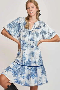 Umgee Full Size Two Tone Landscape Print Dress Plus Size Blue