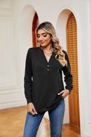Trendsi Buttoned Notched Neck Long Sleeve Top - Slightly Stretchy Opaque Fabric - Store 42