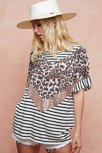 BiBi Stripe Rayon Span Knit Color Block Top With Leopard - Store 42