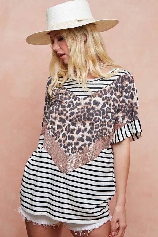 BiBi Stripe Rayon Span Knit Color Block Top With Leopard - Store 42