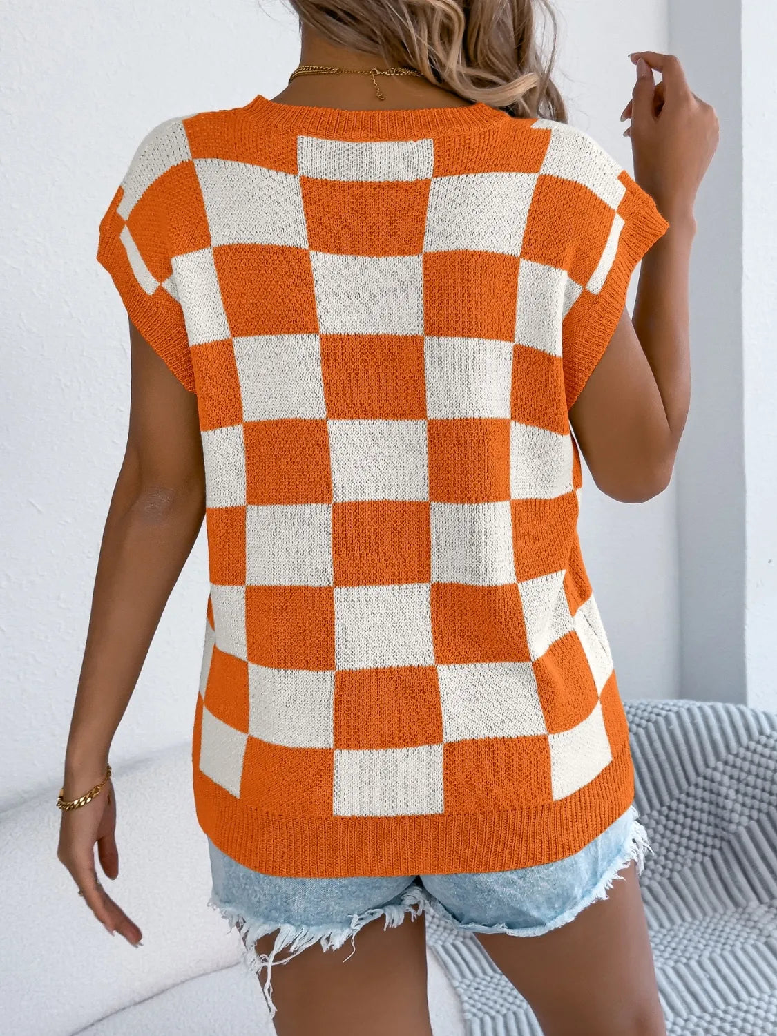 Trendsi Checkered Cap Sleeve Knit Top - Stylish Viscose Round Neck Tee for Everyday Wear