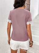 Ivy Lane Decorative Button Spliced Lace Short Sleeve Top - Store 42