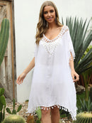 Tassel Cutout Half Sleeve Cover-Up White One Size