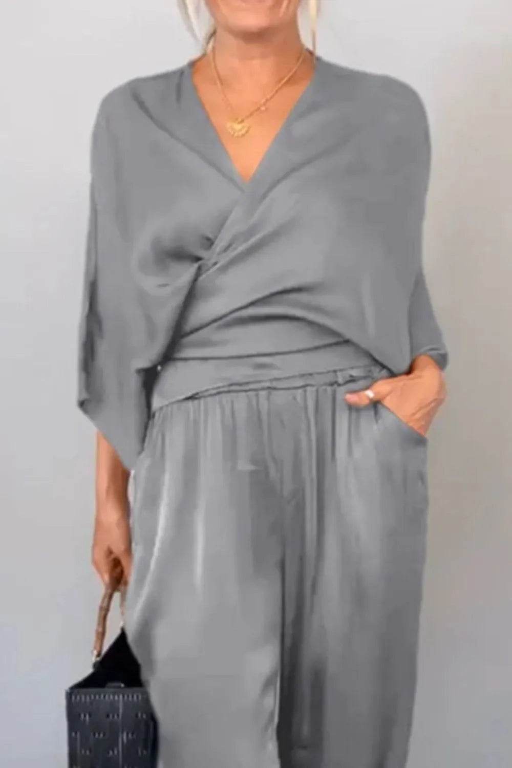 Full Size Wrap Surplice Top and Pants Set Plus Size - Store 42