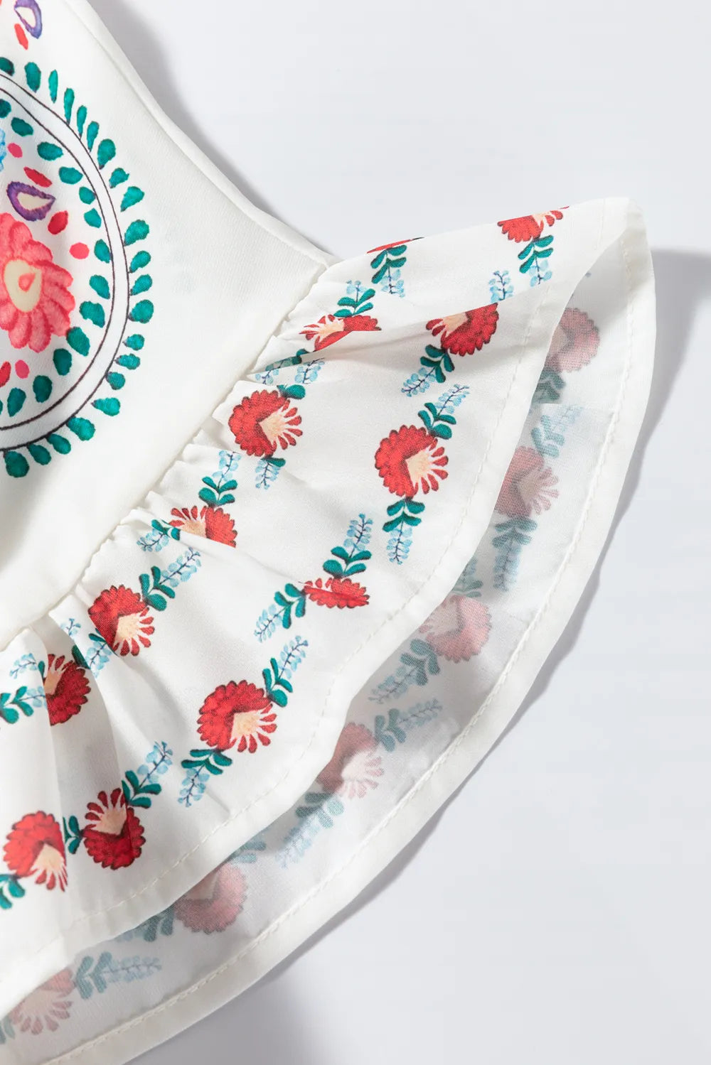 Floral Print Round Neck Ruffle Trim Blouse