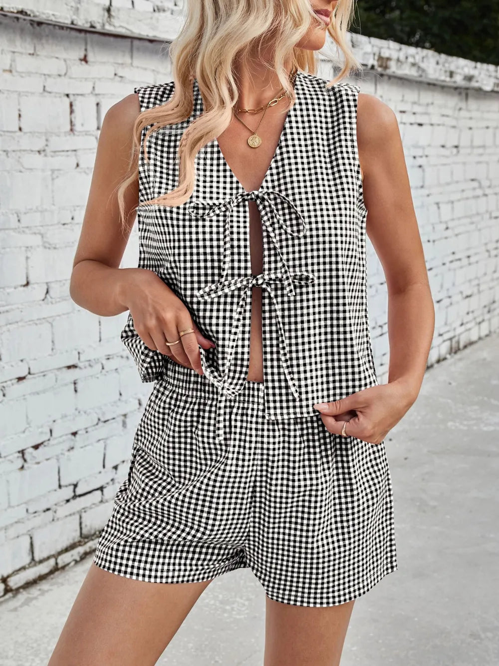 Lovelet Tied Plaid V-Neck Vest and Shorts Set Black