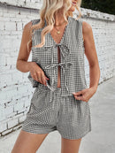 Lovelet Tied Plaid V-Neck Vest and Shorts Set Black