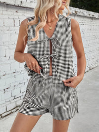 Lovelet Tied Plaid V-Neck Vest and Shorts Set Black