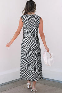 Checkered Round Neck Sleeveless Midi Dress