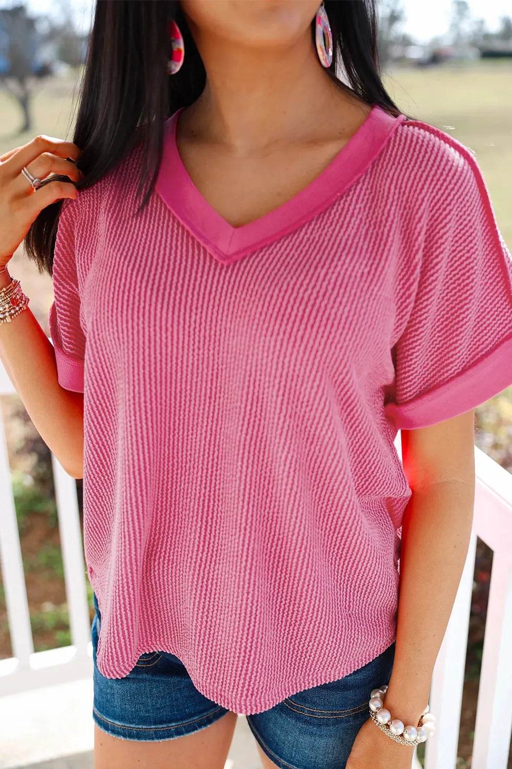 Trendy Solid V-Neck Short Sleeve T-Shirt - Stretchy Fabric, 75% Polyester, Sizes S-XL - Store 42