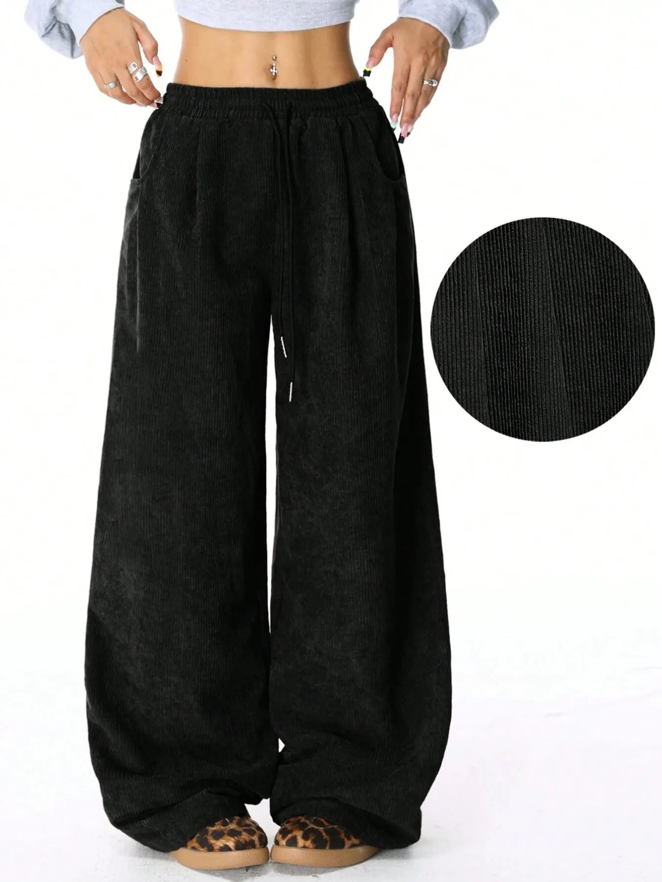Comfortable Drawstring Wide Leg Pants With Pockets - 95% Polyester, Machine Washable