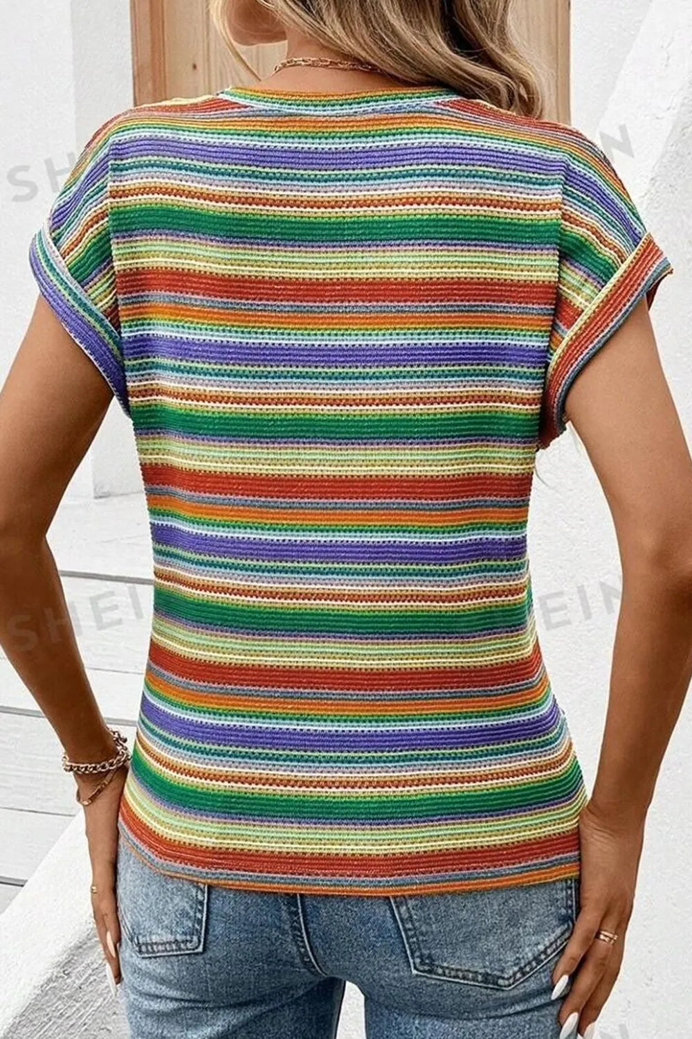 Multicolored Striped Twist Hem Top with Cap Sleeves – Slightly Stretchy & Opaque Fabric