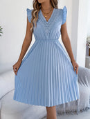 Lace Detail Ruffled Cap Sleeve Pleated Dress