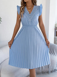 Lace Detail Ruffled Cap Sleeve Pleated Dress