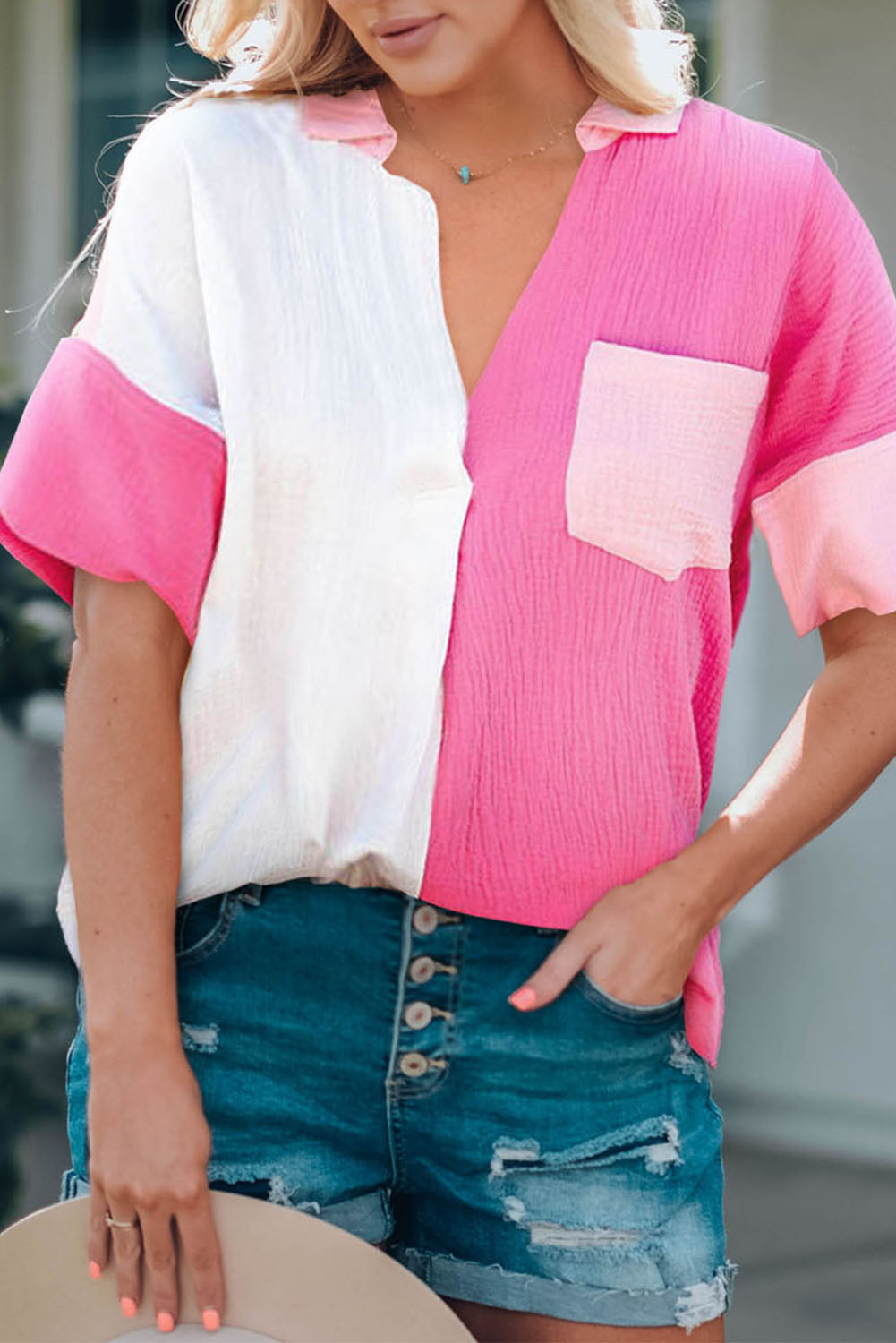 Chic Color Block Cotton Blouse with Collared Neck and Pockets - Casual Short Sleeve Style