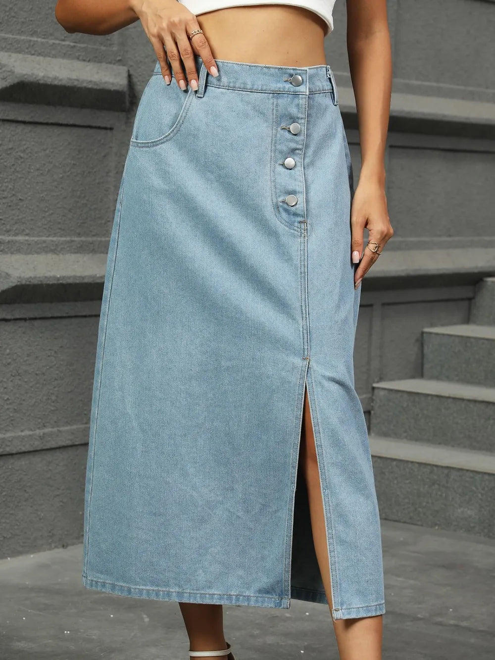 Asymmetrical Slit Denim Midi Skirt with Button Detail - Stylish and Trendy Design