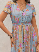 Smocked Floral V-Neck Short Sleeve Midi Dress