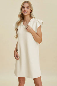 Double Take Full Size Ruffled V-Neck Cap Sleeve Dress Cream