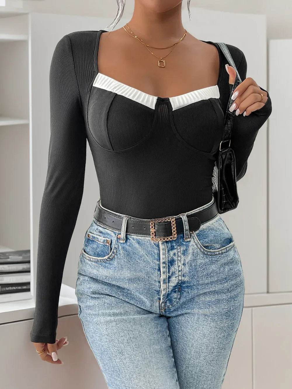 Perfee Ribbed Contrast Long Sleeve Bodysuit - Store 42
