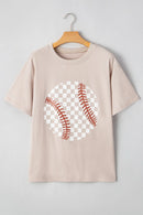 Contrast Checkered Baseball Graphic Round Neck Short Sleeve T-Shirt
