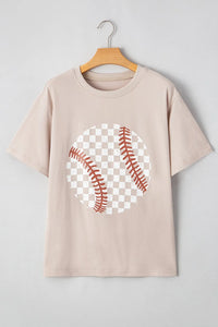 Contrast Checkered Baseball Graphic Round Neck Short Sleeve T-Shirt