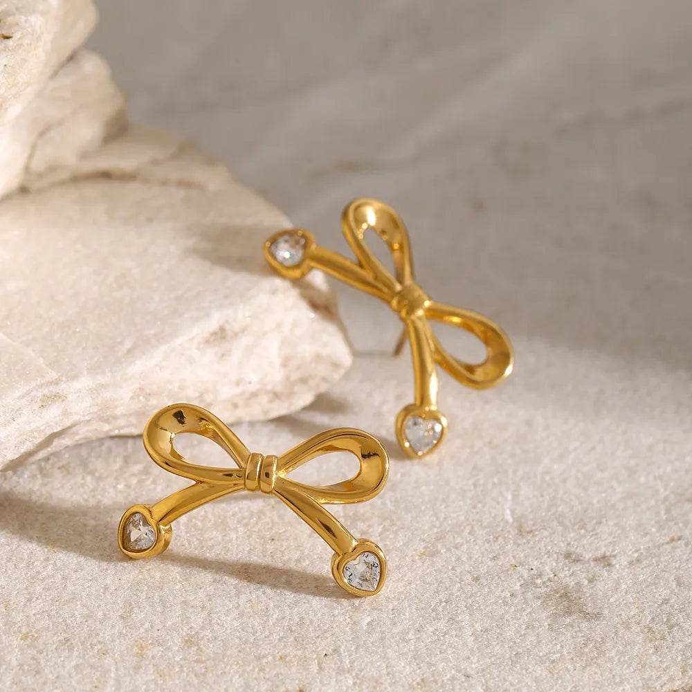 Elegant 18K Gold-Plated Stainless Steel Bow Earrings with Zircon Inlay - Lightweight Fashion Jewelry - Store 42