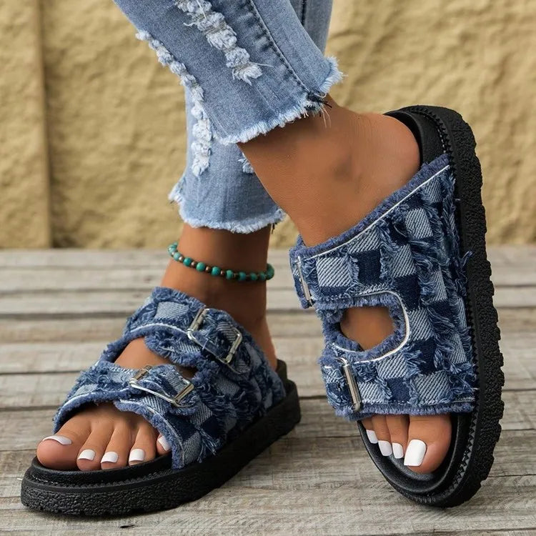 Raw Edge Checkered Cloth Buckle Sandals for Women - Comfortable Rubber Flats, True to Size