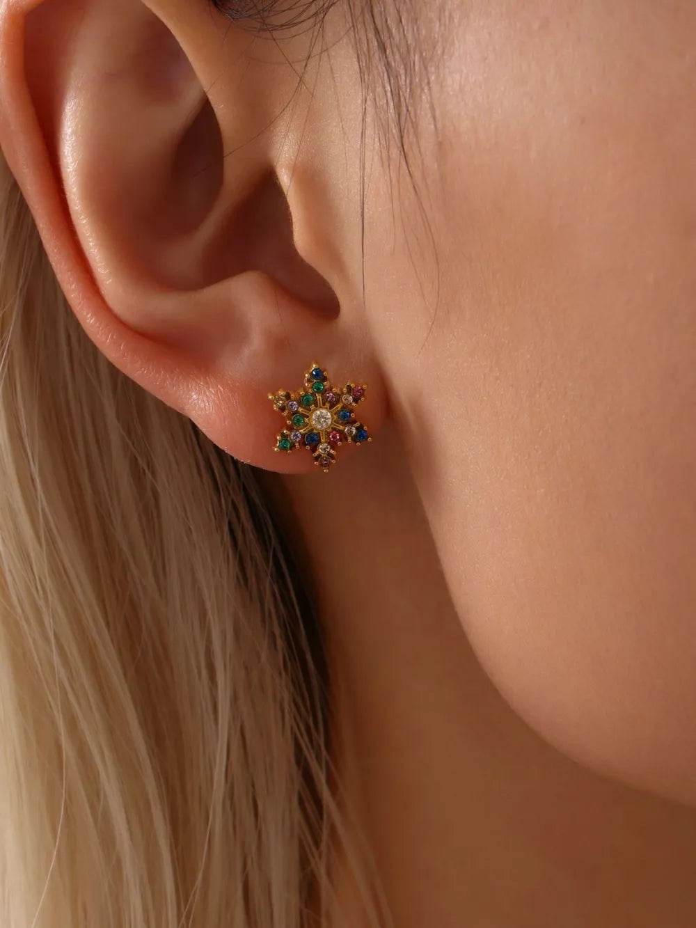 18K Gold-Plated Stainless Steel Snowflake Stud Earrings with Zircon Accents