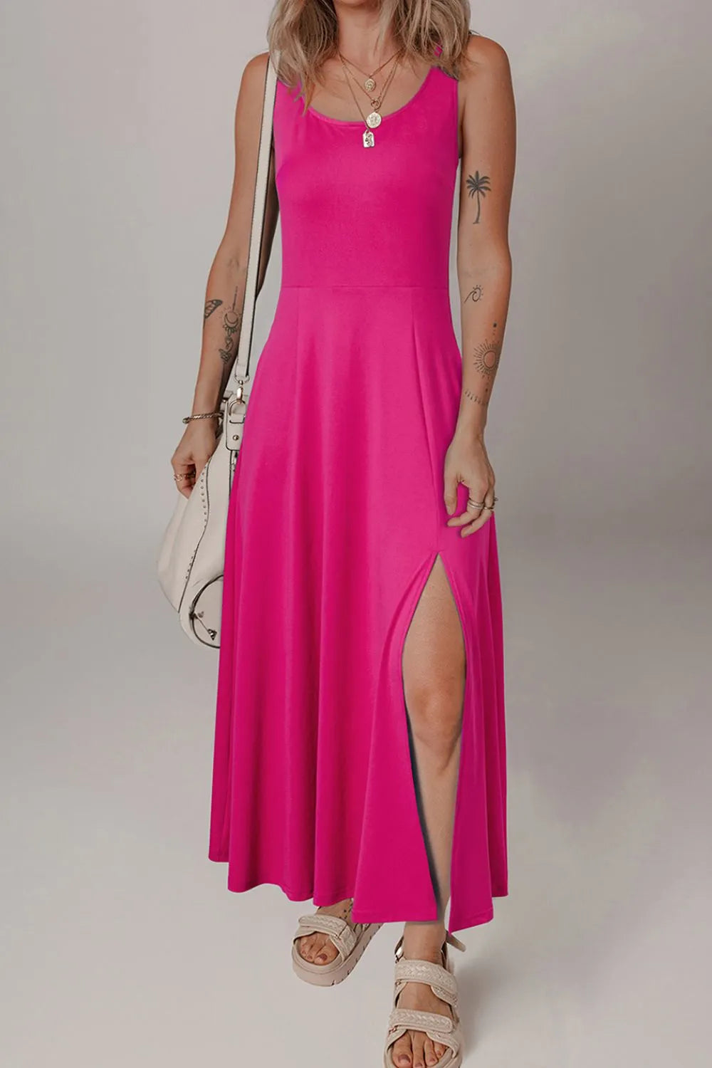Scoop Neck Wide Strap Dress with Side Slit – Slightly Stretchy Opaque Fabric, Trendy Fit