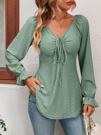 Mandy Tie Front V-Neck Blouse with Flounce Sleeves in Solid Casual Style - Store 42